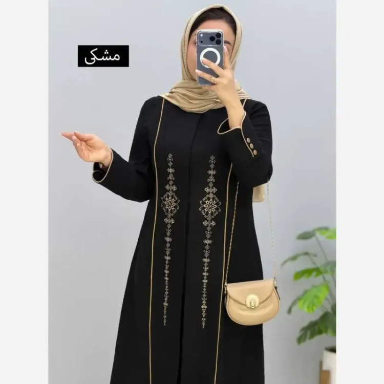 مانتو مزونی شانتون صوفیا جودن یقه هفت ایستاده سایز بزرگ رنگ آبی و مشکی