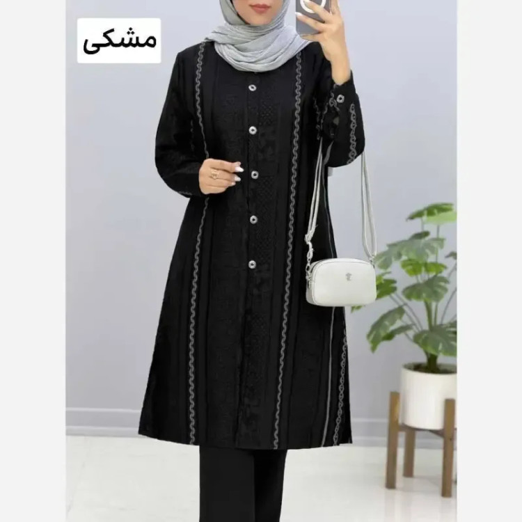 مانتو بلند زنانه کرپ ژاکارد رنگ مشکی سایز بزرگ